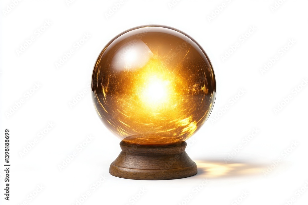Glowing golden crystal ball emitting mystical light isolated on white for magical fantasy designs Glowing golden crystal ball emitting mystical light isolated on white for magical fantasy designs