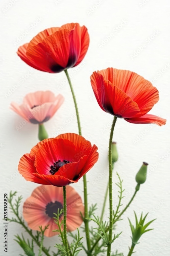 Obraz premium Bold cardinal red poppies bloom on a crisp white background , vintage, cardinal