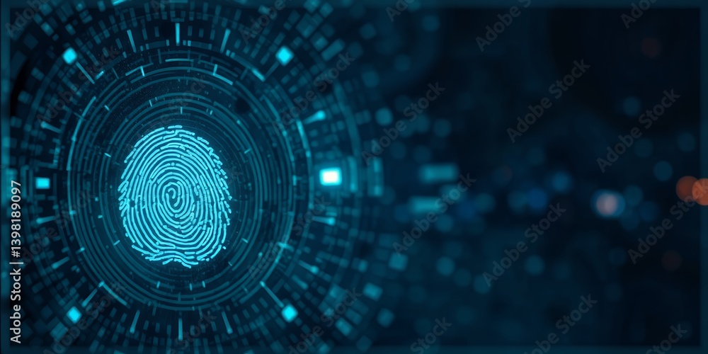 Obraz premium A glowing blue fingerprint inside a circular tech interface against a dark background with bokeh effect