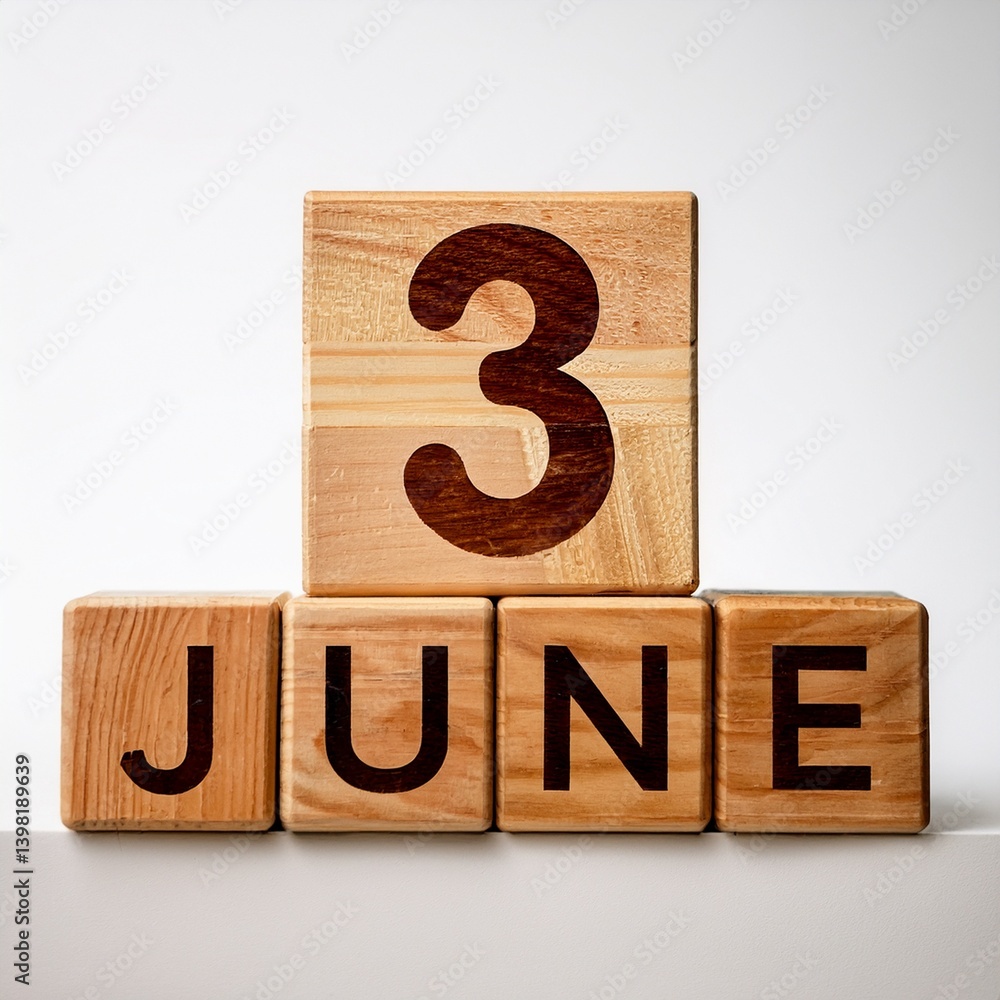 Minimalist photo of wooden blocks with date 3 June. Day and month, calendar on white background Minimalist photo of wooden blocks with date 3 June. Day and month, calendar on white background