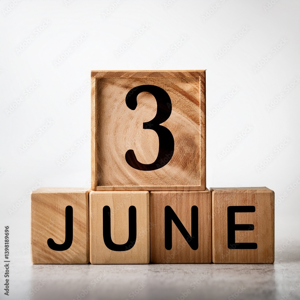 Minimalist photo of wooden blocks with date 3 June. Day and month, calendar on white background Minimalist photo of wooden blocks with date 3 June. Day and month, calendar on white background