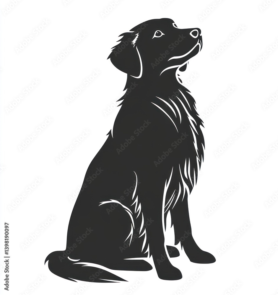 Black dog sitting, looking up. White background. For pet product design, vector drawing Black dog sitting, looking up. White background. For pet product design, vector drawing