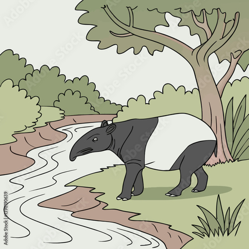 Cartoon Tapir By River, Nature Illustration For Kids