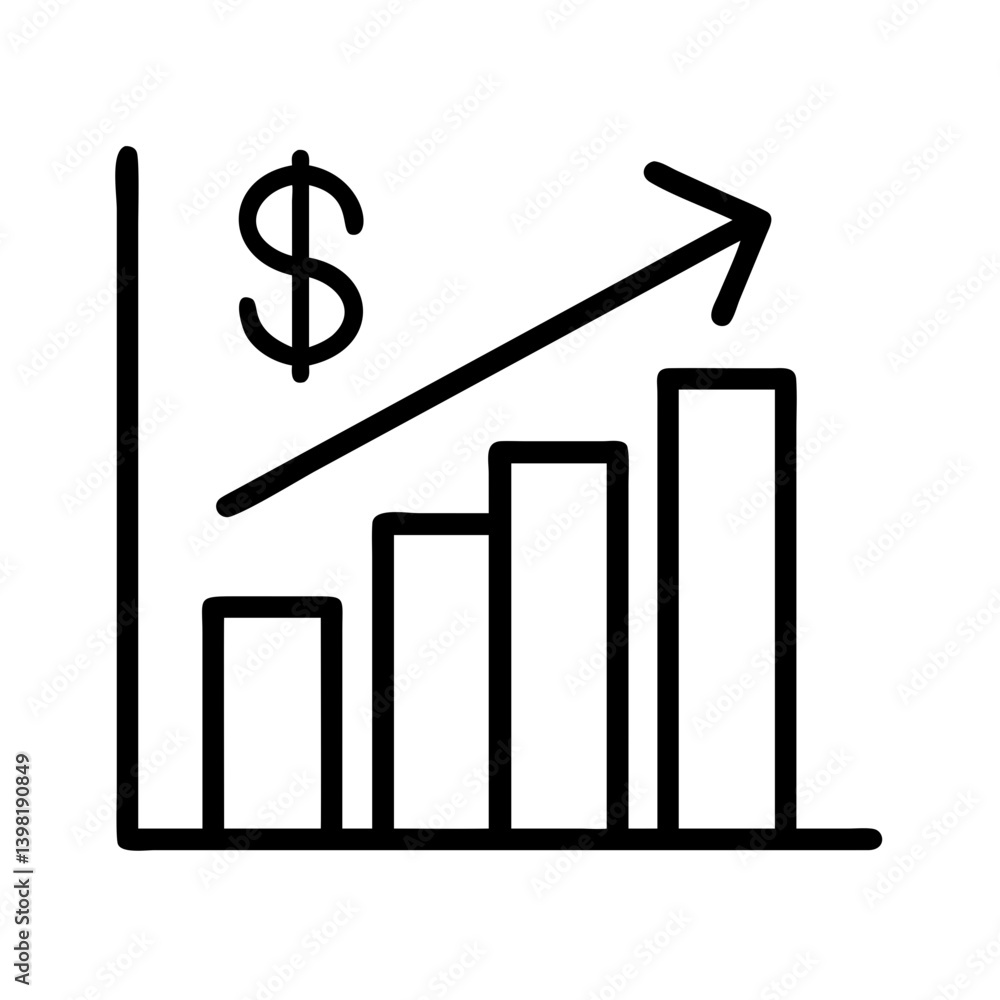 Financial growth chart showing profit and success with upward arrow and dollar sign Financial growth chart showing profit and success with upward arrow and dollar sign
