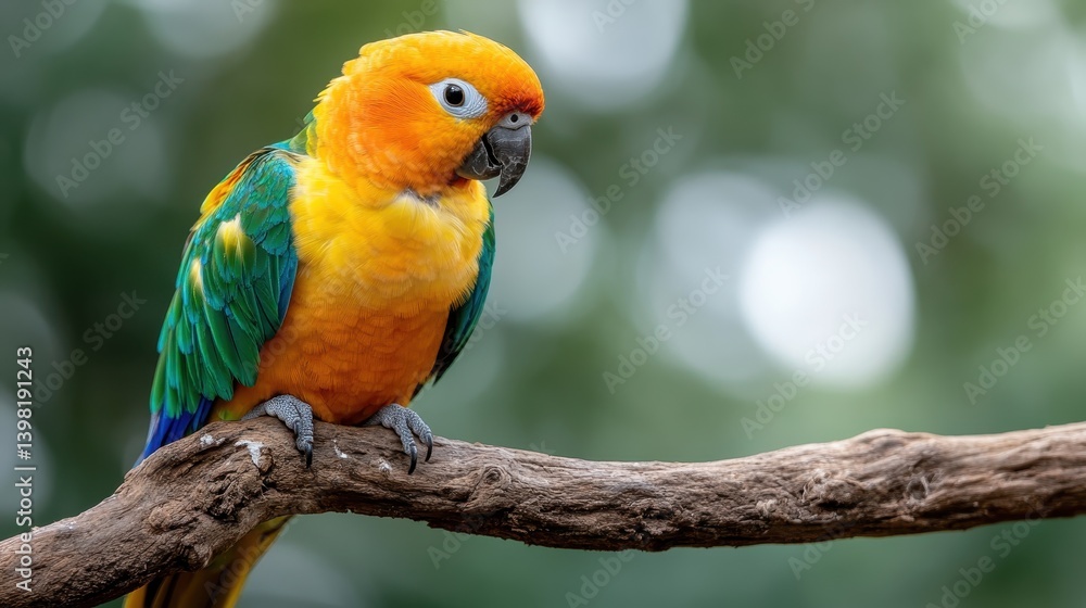 A colorful parrot perched on a rustic branch against a blurred green background, showcasing its bright plumage and lively presence in a natural environment. A colorful parrot perched on a rustic branch against a blurred green background, showcasing its bright plumage and lively presence in a natural environment.