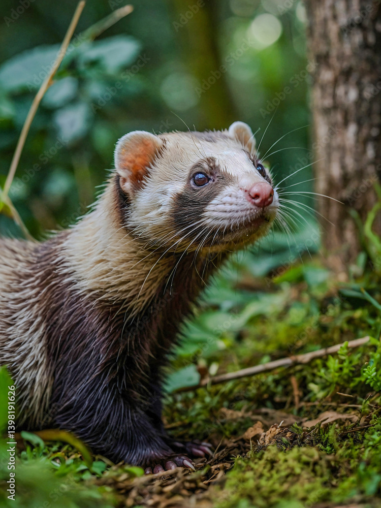 Ferret in Temperate Forest, Wild Mustelid, Nature Wildlife. Ferret in Temperate Forest, Wild Mustelid, Nature Wildlife.