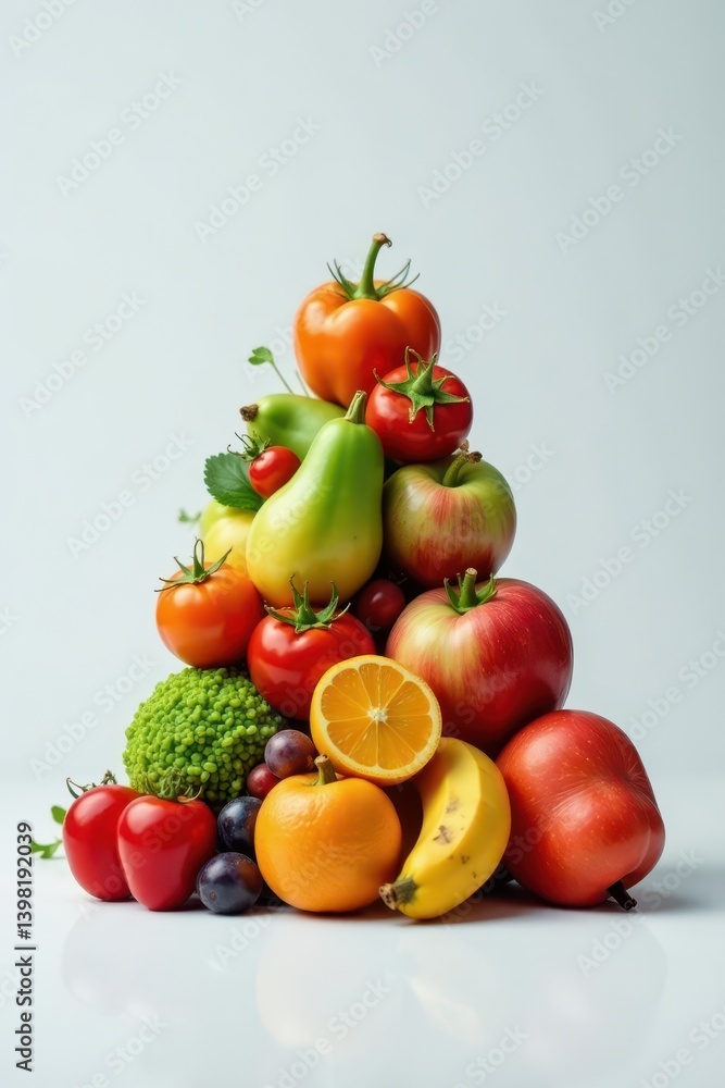 Close-up of diverse healthy foods arranged in pyramid shape, vibrant food, whole grains, fish Close-up of diverse healthy foods arranged in pyramid shape, vibrant food, whole grains, fish