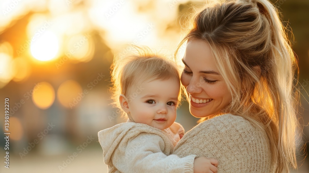 A heartwarming moment captured as a mother lovingly holds her baby during golden hour, highlighting the bond between them with a radiant sunset glow in the backdrop. A heartwarming moment captured as a mother lovingly holds her baby during golden hour, highlighting the bond between them with a radiant sunset glow in the backdrop.