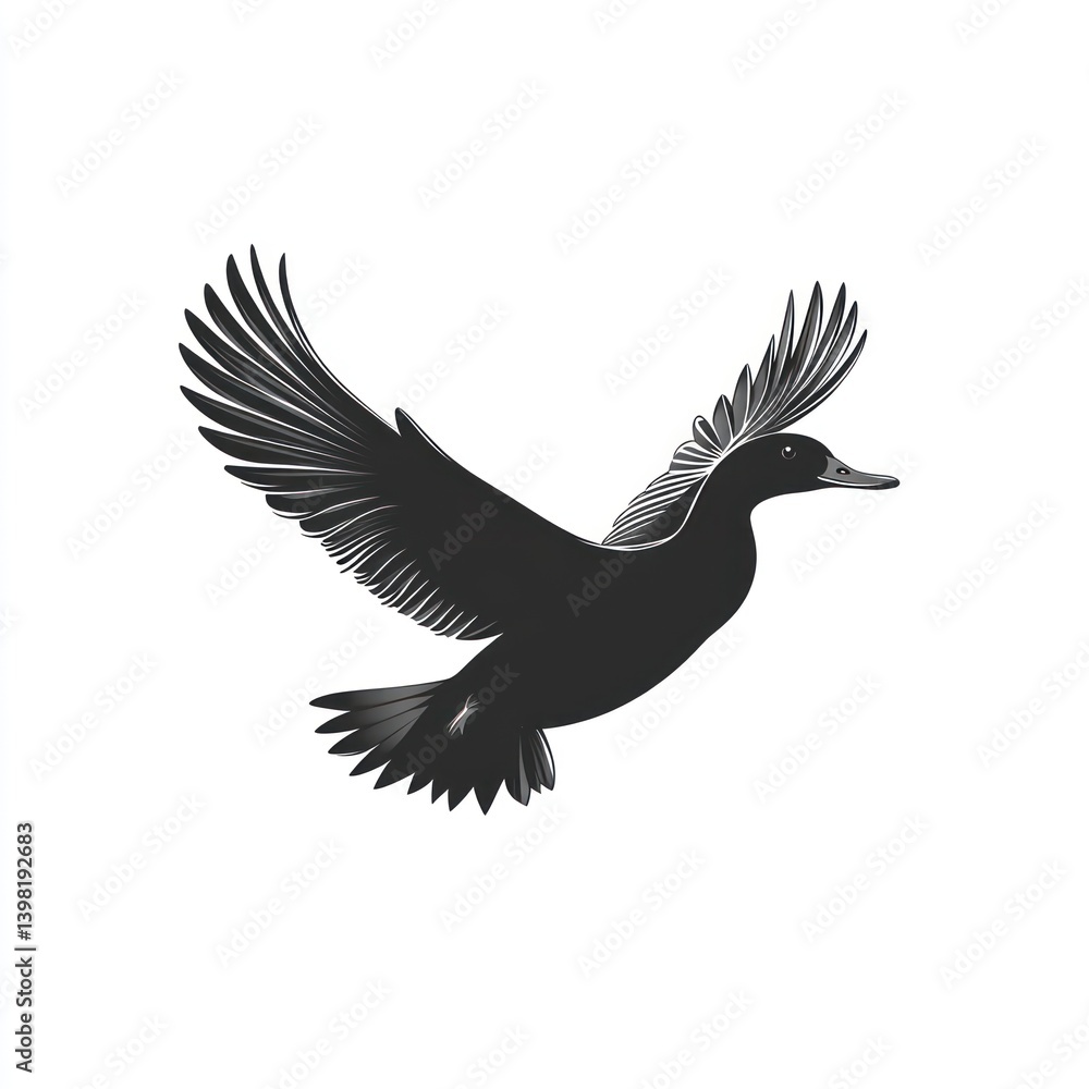 Fototapeta premium Black duck soaring, wings spread, white background, nature flight, logo design