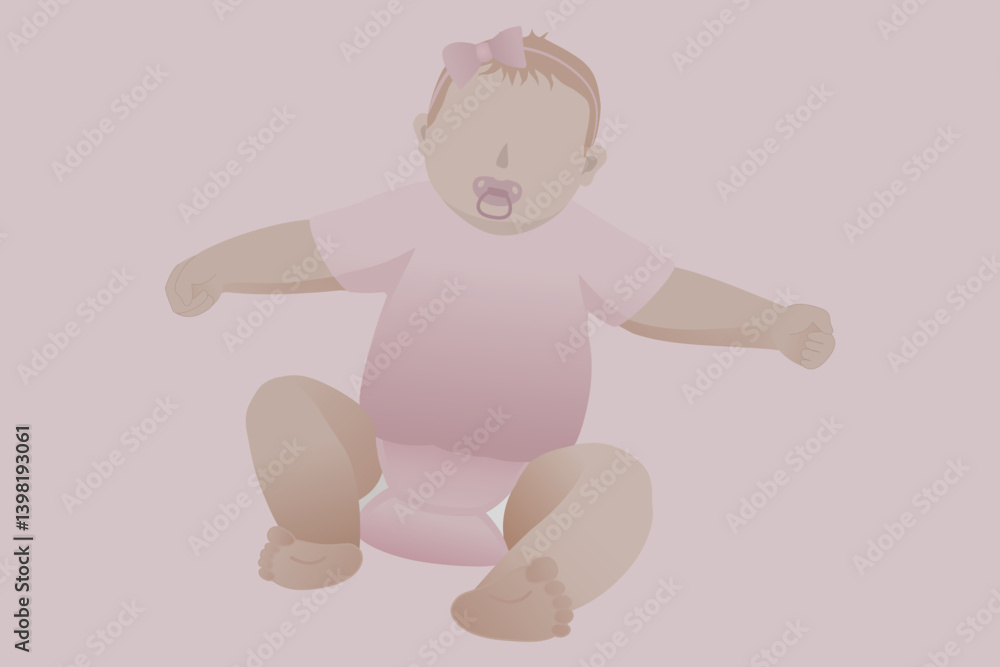 Newborn Baby Girl Wearing Bow Headband and Pacifier, Lying on Pink Background – Perfect for Nursery Decor and Baby Shower Invitations