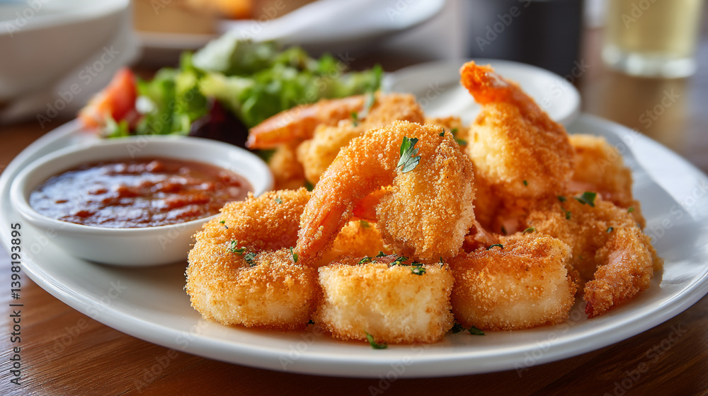 A plate of golden fried shrimp with dipping sauce and a side salad on a wooden table surface A plate of golden fried shrimp with dipping sauce and a side salad on a wooden table surface