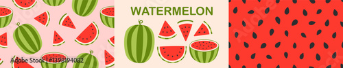 Watermelon, seeds seamless pattern set. Fruit and berry jam background and icon. Flat Vector illustration 
