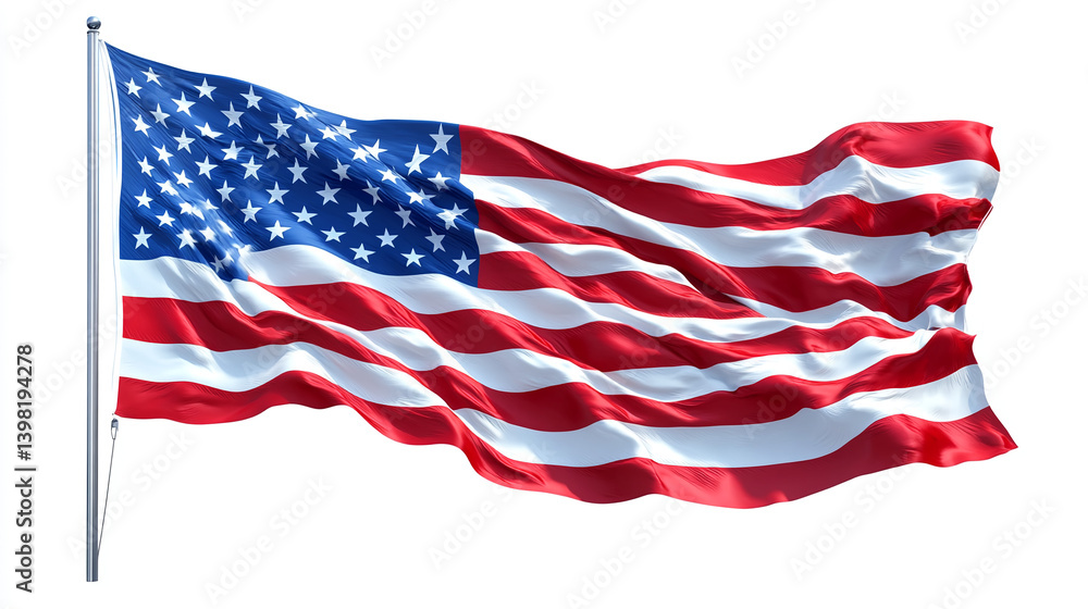 Fototapeta premium American Flag Waving on a Flagpole Symbolizing Patriotism and National Pride AGAINST CLEAN WHITE BACKGROUND