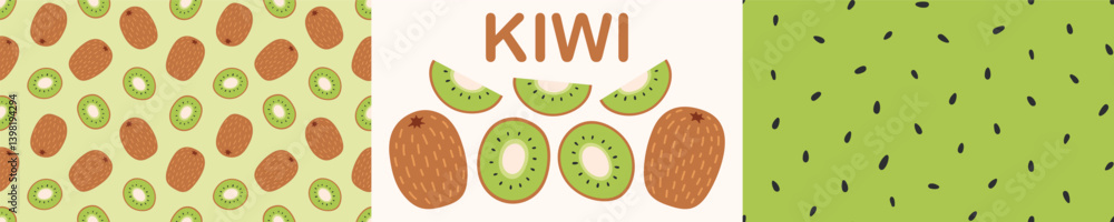 Kiwi, seeds seamless pattern set. Fruit and berry jam background and icon. Flat Vector illustration Kiwi, seeds seamless pattern set. Fruit and berry jam background and icon. Flat Vector illustration