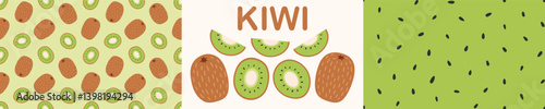 Kiwi, seeds seamless pattern set. Fruit and berry jam background and icon. Flat Vector illustration 