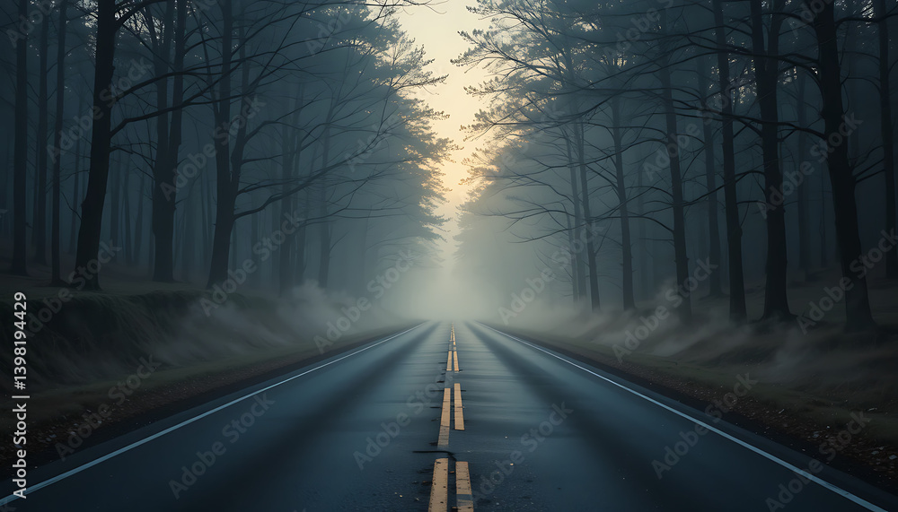 Fototapeta premium Cinematic mist rolling from the corners of an empty road through a shadowy forest at dawn 