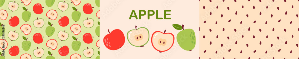Apple, seeds seamless pattern set. Fruit jam background and icon. Flat Vector illustration Apple, seeds seamless pattern set. Fruit jam background and icon. Flat Vector illustration