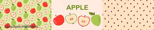 Apple, seeds seamless pattern set. Fruit jam background and icon. Flat Vector illustration  