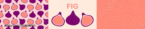 Fig, seeds seamless pattern set. Fruit and berry jam background and icon. Flat Vector illustration 