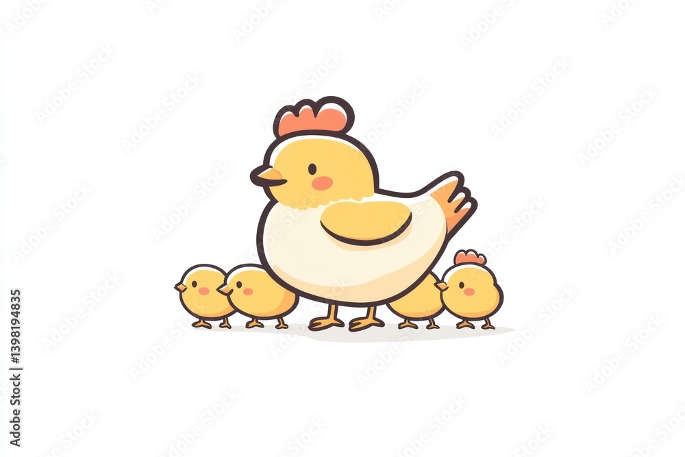 Fototapeta premium Hen leads chicks; idyllic farm scene; spring; cute illustration; children's book