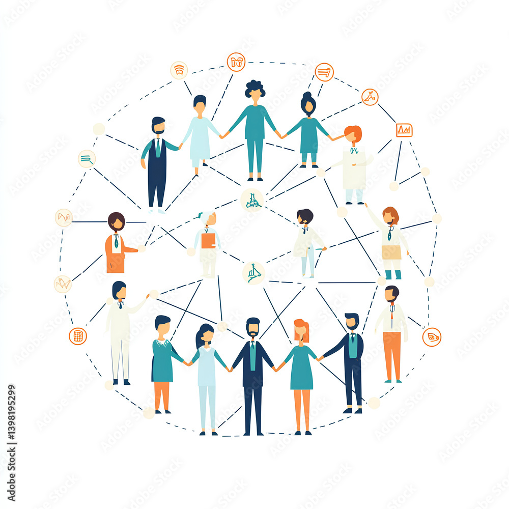 An illustration of people holding hands in the shape of a sphere, connected by lines and dots representing connections between them. An illustration of people holding hands in the shape of a sphere, connected by lines and dots representing connections between them.
