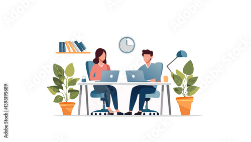 Freelance couple working from shared home office desk – vector scene