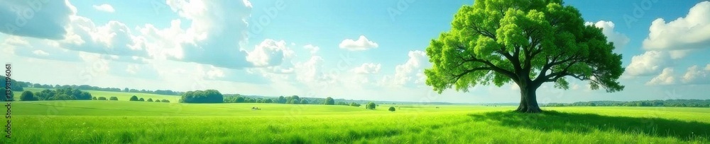 Majestic oak, vibrant green field, cloud-dappled sky, botany, blue, horizon Majestic oak, vibrant green field, cloud-dappled sky, botany, blue, horizon