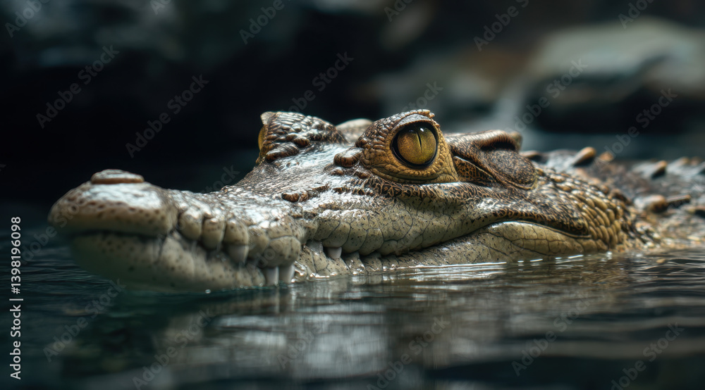 A crocodile's head surfaces in calm water, displaying its sharp eyes and rugged scales, reflecting the surrounding environment and lifestyle A crocodile's head surfaces in calm water, displaying its sharp eyes and rugged scales, reflecting the surrounding environment and lifestyle