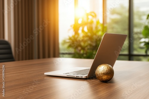 International Taxation tariffes agreement. Modern Office Workspace with Laptop and Decorative Golden Sphere