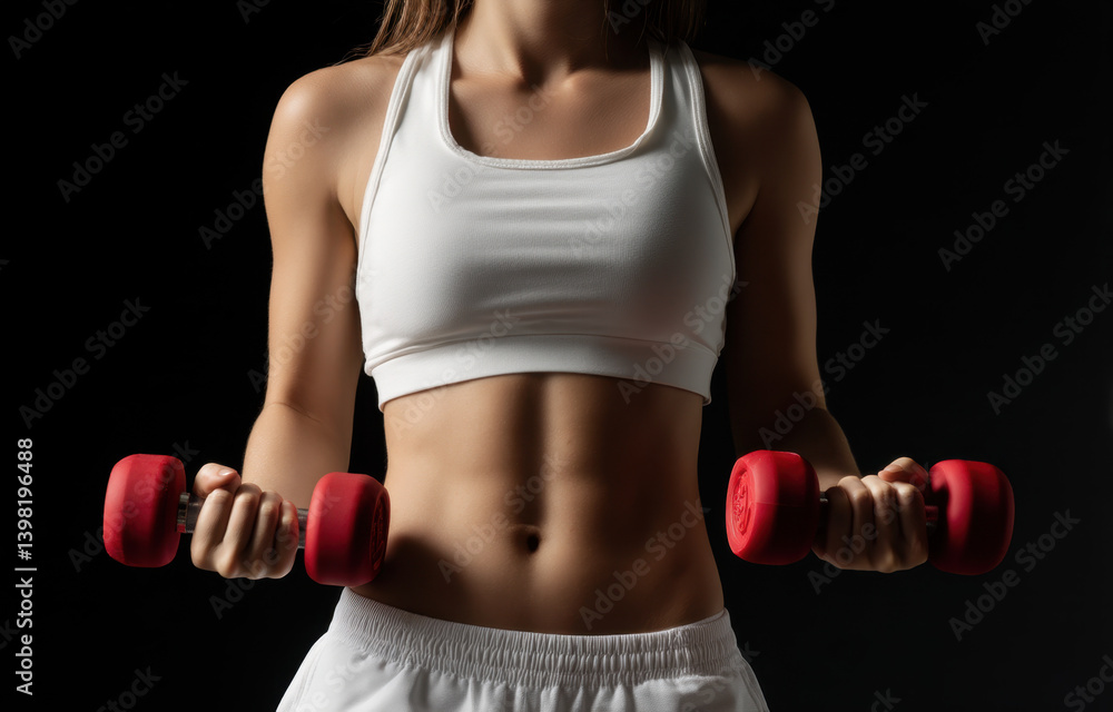 A fit woman performs weight training with red dumbbells, showcasing her strength and focus in a dark setting A fit woman performs weight training with red dumbbells, showcasing her strength and focus in a dark setting