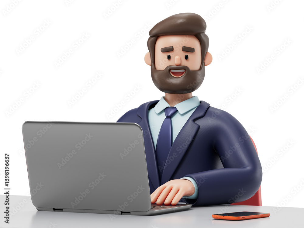 Man working on laptop, symbolizing productivity, focus, or office work. 3D rendering, conceptual image. Isolated on white background. Man working on laptop, symbolizing productivity, focus, or office work. 3D rendering, conceptual image. Isolated on white background.