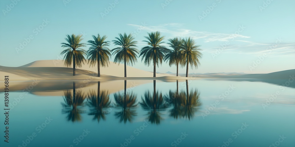 Fototapeta premium Photo of an oasis with palm trees and sand dunes in the Sahara