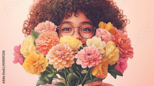 Young African girl with a bright bouquet of flowers on a soft pink background
