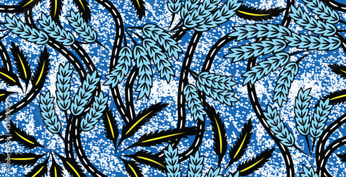 African ethnic traditional Blue pattern. seamless beautiful Kitenge, chitenge, dutch wax style. fashion design in colorful. botanical abstract motif. floral Ankara prints, African wax prints.