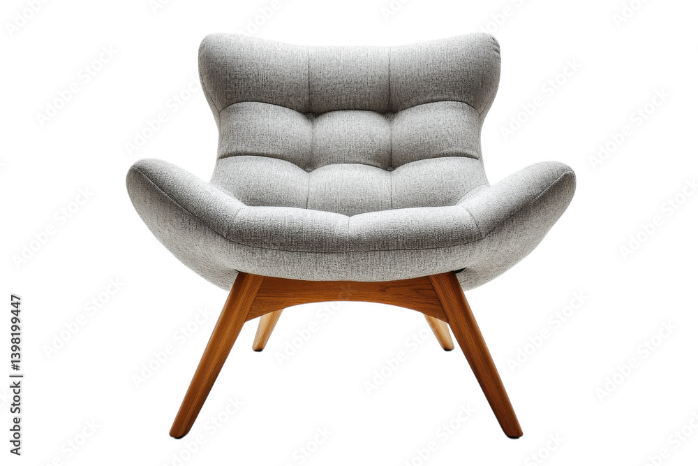 An inviting grey armchair, perfect for quiet moments of relaxation, boasts a plush buttoned texture and gently curved wooden legs, offering a blend of comfort and mid-century modern style. An inviting grey armchair, perfect for quiet moments of relaxation, boasts a plush buttoned texture and gently curved wooden legs, offering a blend of comfort and mid-century modern style.