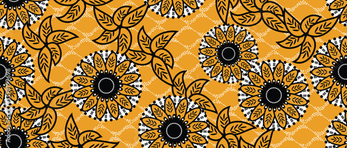 African ethnic traditional orange color pattern. seamless beautiful Kitenge, chitenge style. fashion design colorful. Geometric flower abstract motif. Floral Ankara prints, African wax prints.