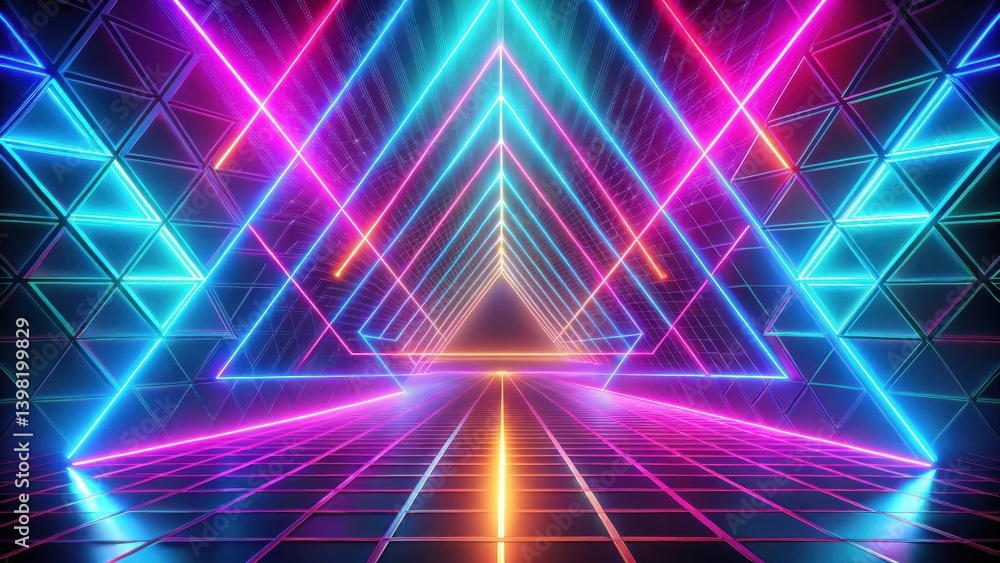 Vibrant Neon Lines Forming a Triangular Pathway in a Futuristic Geometric Environment