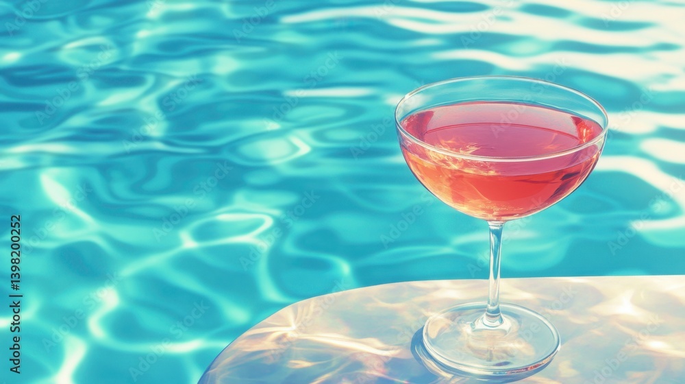 cocktail glass sits poolside, catching reflections of shimmering turquoise water under the summer sun
