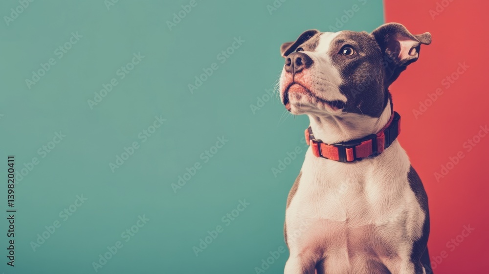 A curious dog wearing a red collar looks upward against a split-color background of teal and red