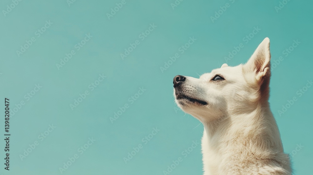 A white dog looks upward calmly against a serene teal sky backdrop