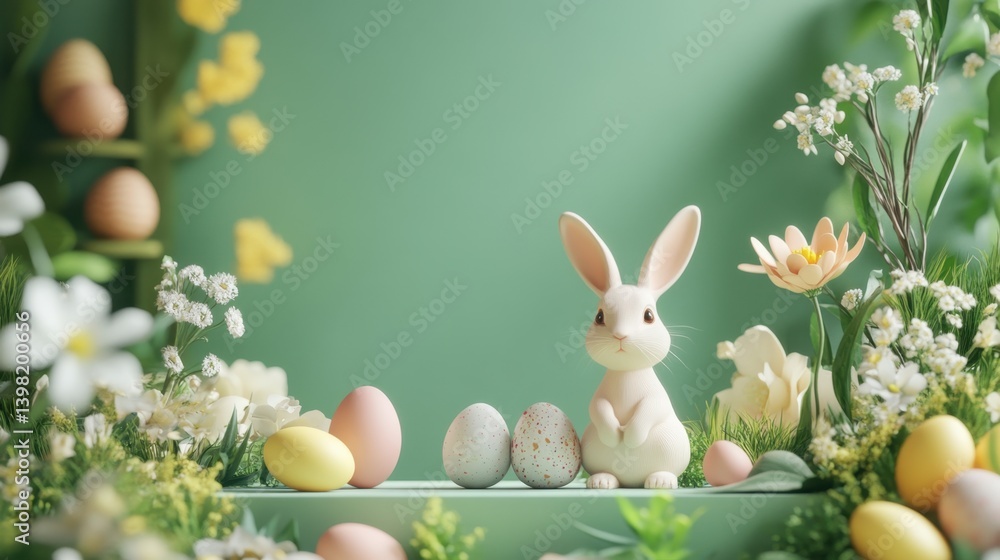 A cute white bunny sits beside colorful Easter eggs surrounded by spring flowers against a soft green background