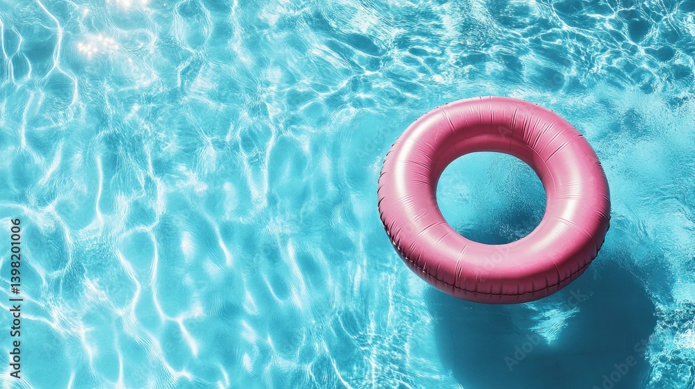 A shiny pink inflatable ring floats gently on the sparkling blue water of a sunlit swimming pool