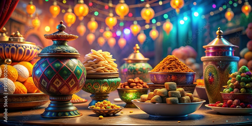 Naklejka premium Festive Indian Sweets Photography: Colorful Mithai & Decor Jars