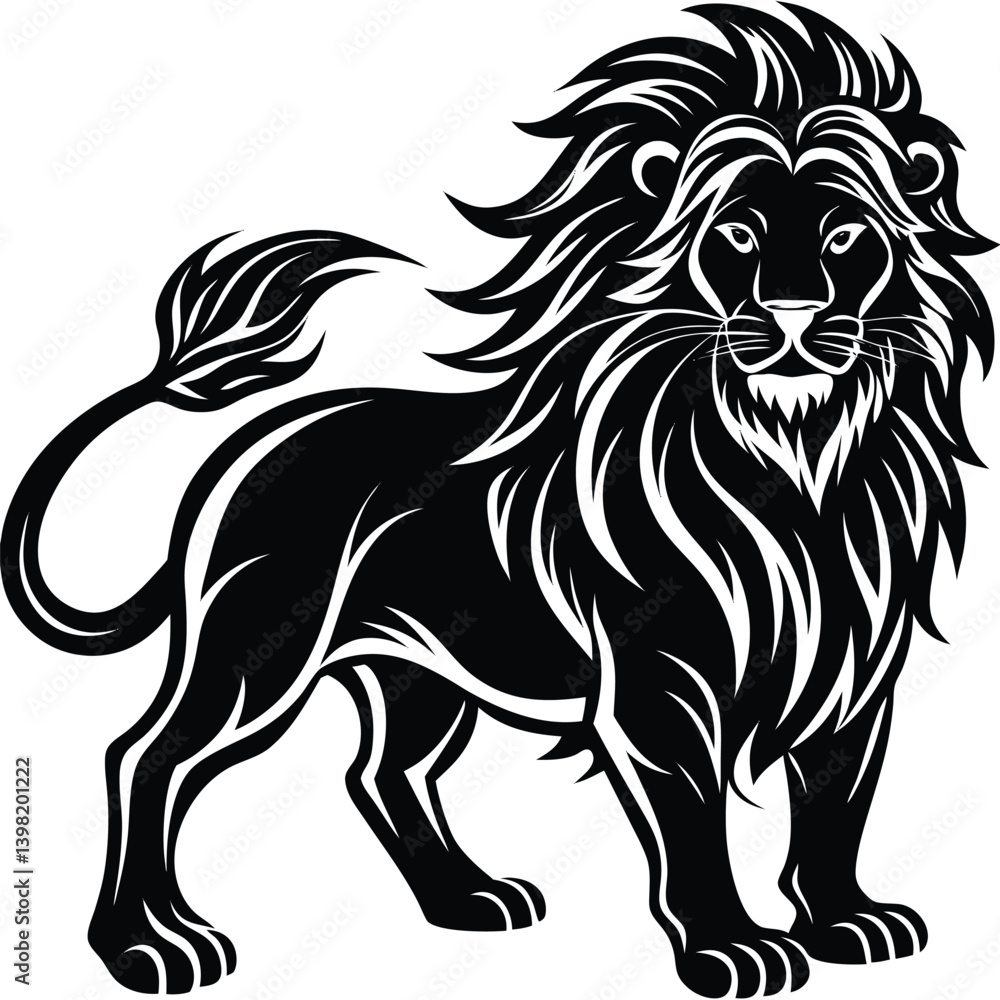 Obraz premium Lion Silhouette Illustration, Detailed Mane, Strong Paws, Black on White Background, Feline