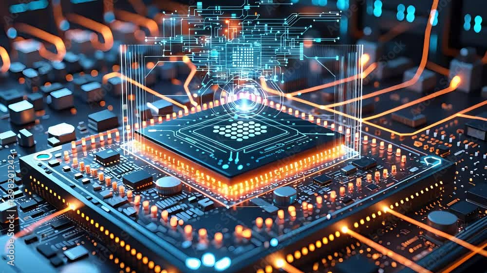 Futuristic Glowing Microchip with Digital Interface and Circuit Connections on High-Tech Motherboard in Macro View
Futuristic Glowing Microchip with Digital Interface and Circuit Connections on High-Tech Motherboard in Macro View