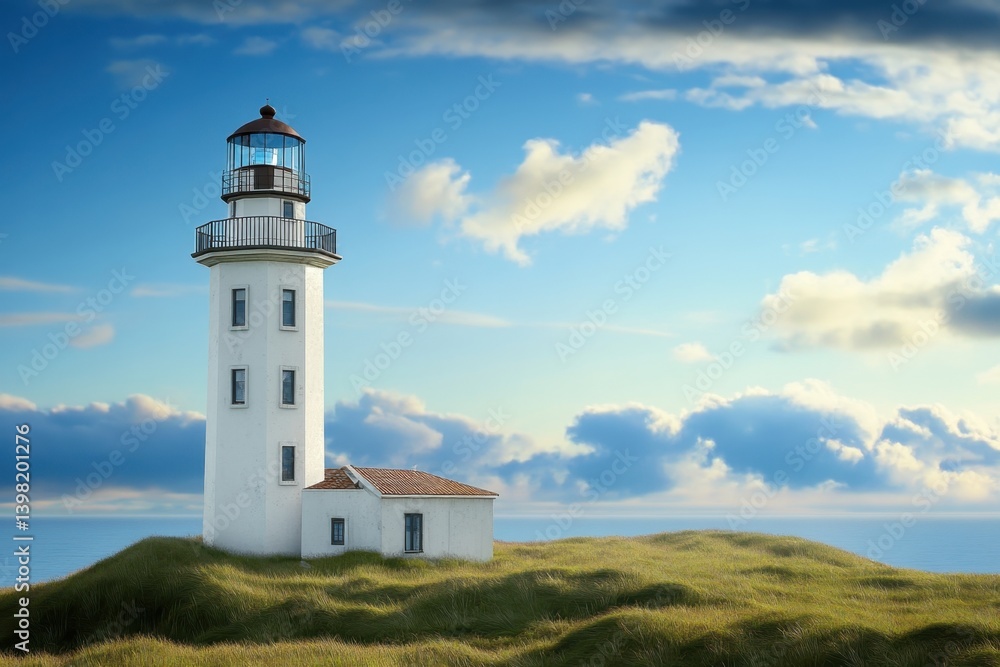 Lighthouse stands on a grassy hill under a blue sky filled with clouds Lighthouse stands on a grassy hill under a blue sky filled with clouds