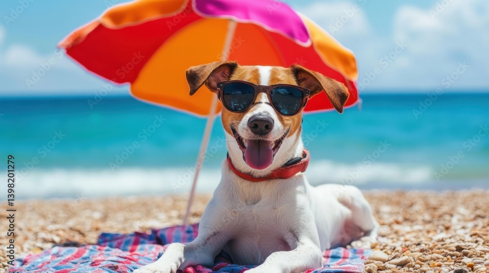 A happy dog wearing sunglasses relaxes on a beach towel under a colorful umbrella by the ocean