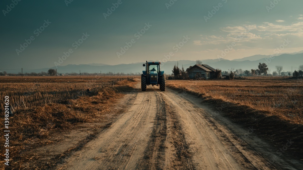 Fototapeta premium Tractor on a Rural Dirt Road at Sunset Countryside Farmland Scene