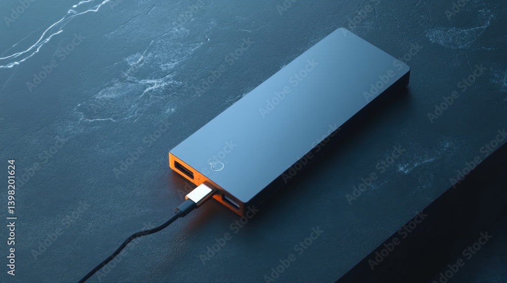 A sleek power bank with a minimalist design is charging via a USB-C cable on a dark textured surface