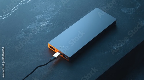 Obraz na płótnie A sleek power bank with a minimalist design is charging via a USB-C cable on a dark textured surface w salonie